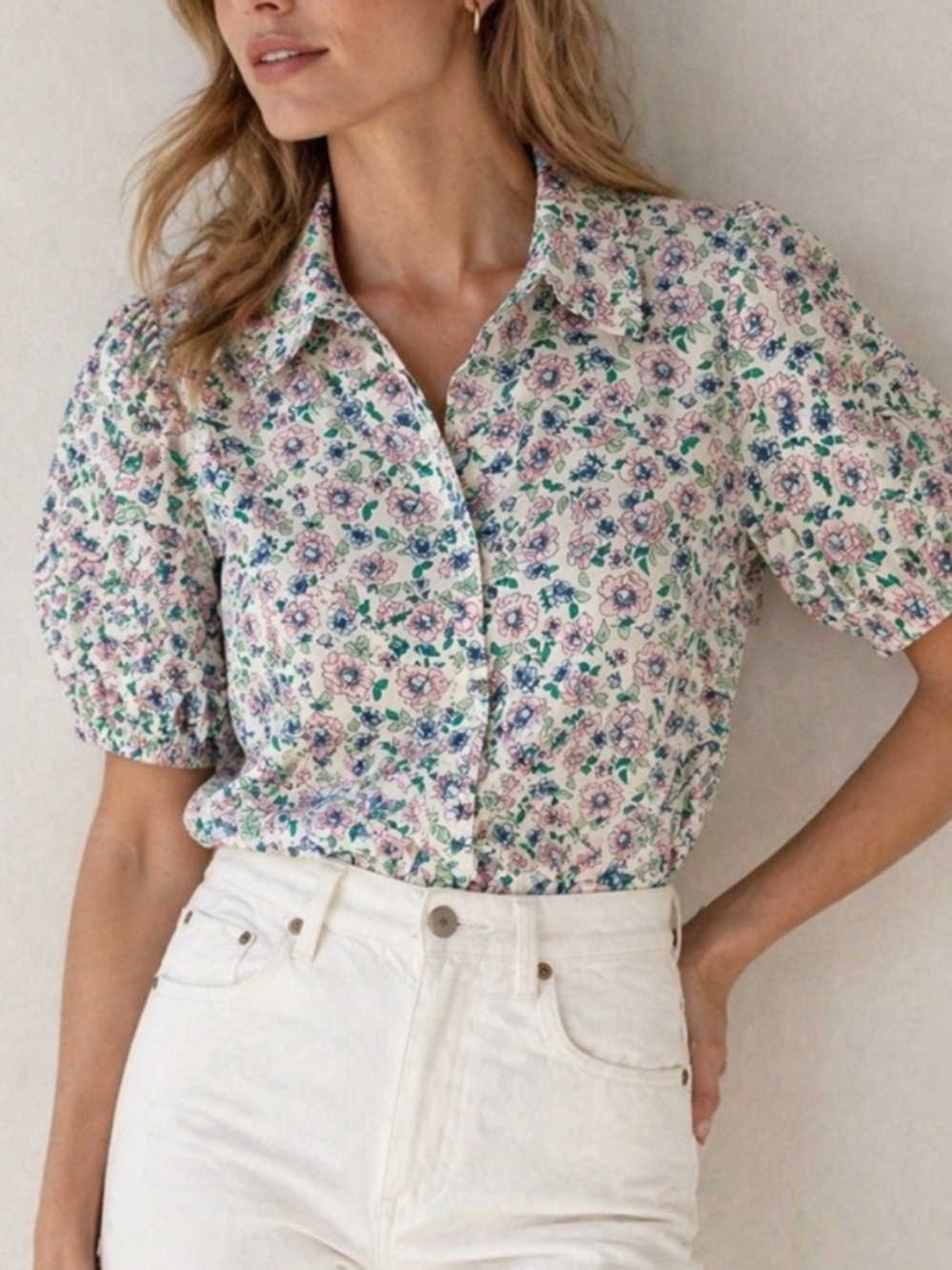 J. CREW Pink Floral Button Down Shirt Size Large puff-sleeve ruffle-collar top